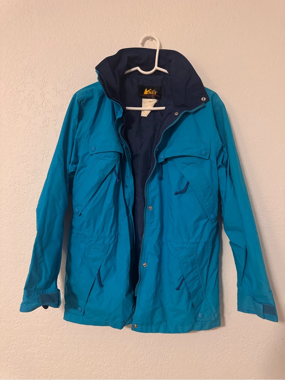Vintage REI Blue Hooded Rain Jacket Women’s Size 10 Reversible Outdoor Coat